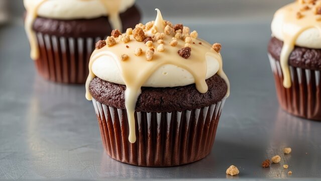 Closeup of a decadent chocolate cupcake topped with white frosting, caramel drizzle, and chopped nuts on a metal baking sheet with other cupcakes blurred in background