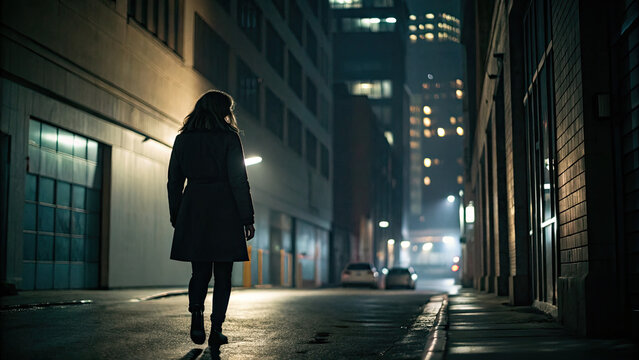 Man following woman on dark street at night concept. A person walking alone in a city street at night.