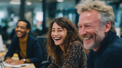 Colleagues sharing a joyful moment in a bright office, laughing together with warm tones creating a friendly and inviting atmosphere