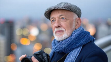 Elderly man with camera captures stunning cityscape at dusk, surrounded by vibrant urban lights and a serene atmosphere, showcasing his passion for photography