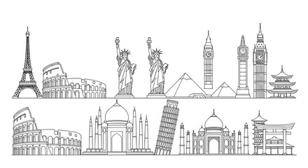 Fototapeta premium Black and white outline icons of world famous travel landmarks
