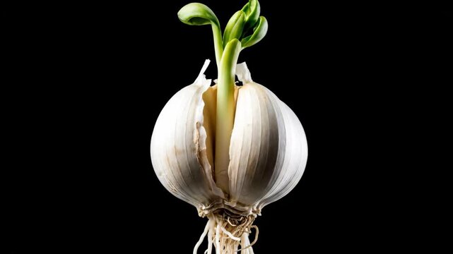 Close-up of a single white garlic bulb on black background