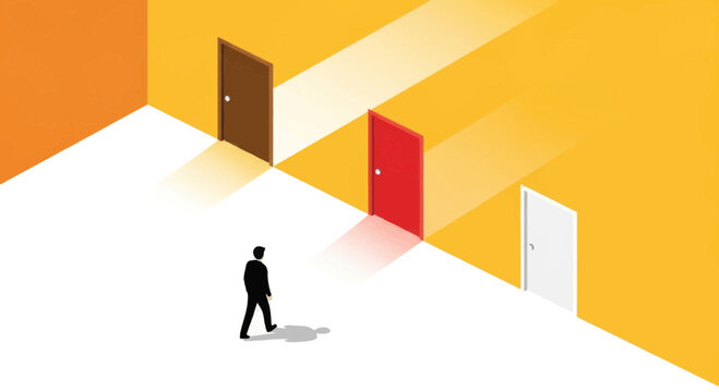 A lone businessman stands at a crossroads, facing three distinct doors illuminated by separate paths, symbolizing crucial choices, future directions, and important decisions in a vibrant yellow and or