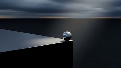 A highly polished chrome sphere precariously rests on the sharp edge of a dark reflective platform against a moody, overcast sky background