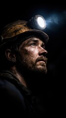 Miner with headlamp gazes upward in a dark underground environment, showcasing determination and resilience in the challenging mining industry
