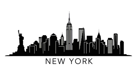 Obraz premium A striking black silhouette of the iconic New York City skyline, featuring the Statue of Liberty and prominent skyscrapers, against a pure white background.