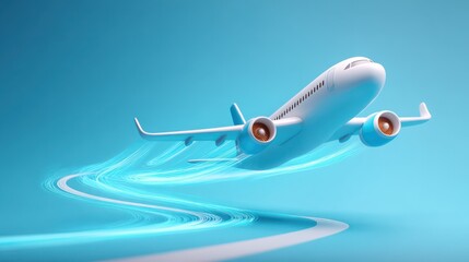 Naklejka premium Sleek Airplane with Dynamic Flight Trails Against Blue Background
