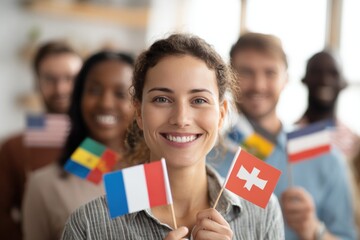 Smiling woman holds small flags representing different countries, surrounded by a diverse group of friends celebrating unity and cultural diversity in a cheerful atmosphere
