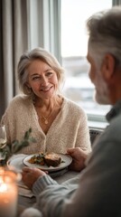 Adult woman in cozy sweater smiles warmly at companion while sharing a meal, with a beautifully set platter at the center of a small dining table