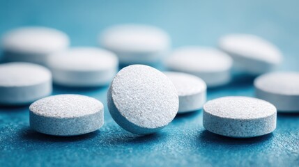 Close-Up View of White Tablets on Blue Surface with Soft Focus