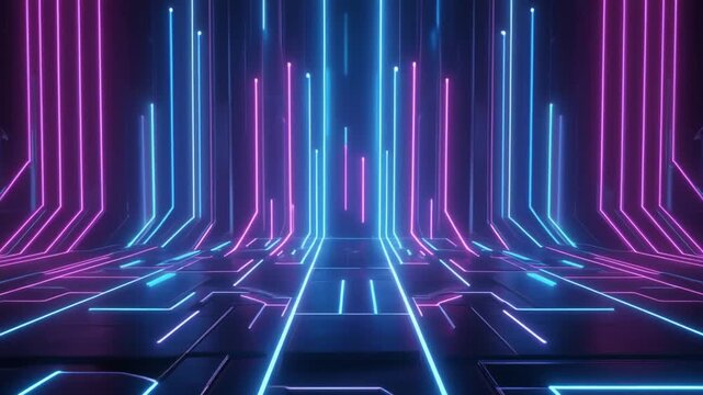 Futuristic cyber neon light stage background　近未来的な青と紫色のネオンが輝くサイバー空間の背景　フルHD　動画