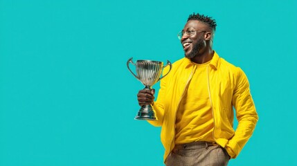 Smiling african american man in yellow jacket proudly holding a trophy, celebrating victory with bright turquoise background, showcasing achievement and joy