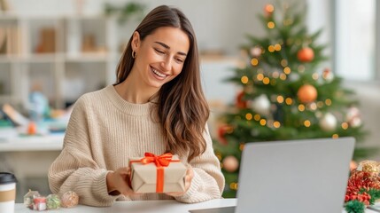 Smiling woman in cozy sweater holding a gift box in a contemporary office with a festive corner, celebrating the holiday spirit and joy of giving