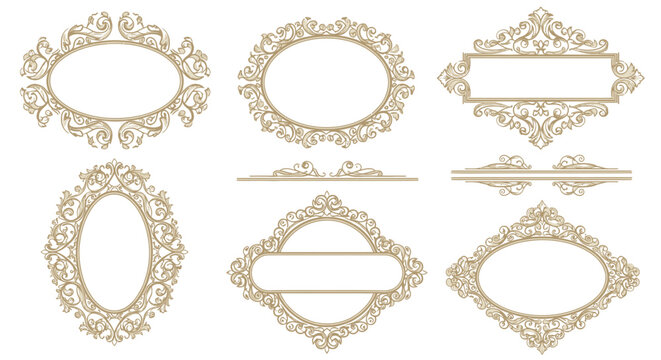 Ornate vintage gold frames and decorative dividers with intricate scrollwork and floral motifs on a white background.
