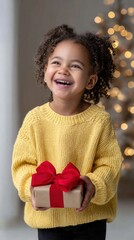 Laughing child in a sunny yellow sweater joyfully holds a gift with a red bow, surrounded by a festive atmosphere and soft bokeh lights in the background
