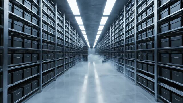 Futuristic cold storage facility corridor featuring rows of secure black boxes and rolling liquid nitrogen mist on a reflective floorFuturistic cold storage facility corridor featuring rows of secure 
