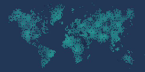 A world map created from vibrant teal colored pixelated dots