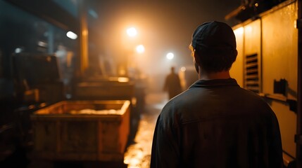 Fototapeta premium A lone worker in a cap stands with their back to the in a dark foggy industrial factory setting at night illuminated by warm lights