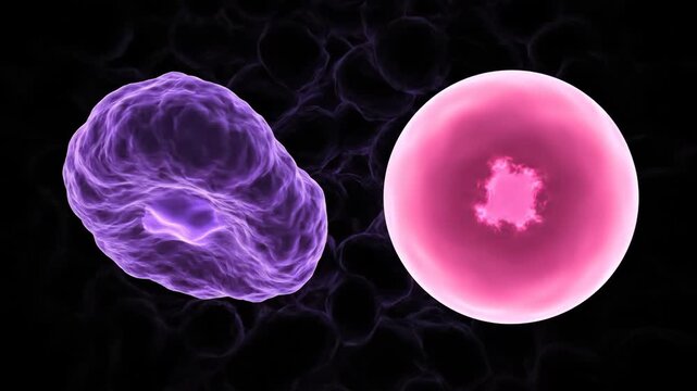 3D Oncology Visualization: Irregular Cancer Cell vs. Normal Pink Cell with Glowing Nuclei