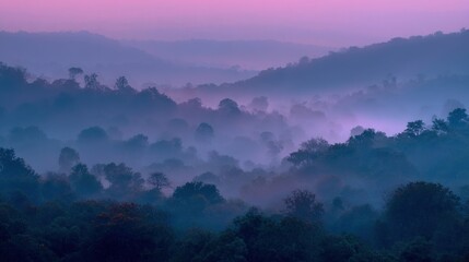 Obraz premium Misty forest layers fading into soft purple twilight haze