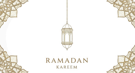 Elegant Ramadan Kareem greeting with a hanging lantern and decorative corners. © Selena