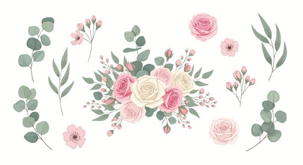 A beautiful watercolor illustration of a floral arrangement featuring pink and white roses with eucalyptus leaves. © Selena