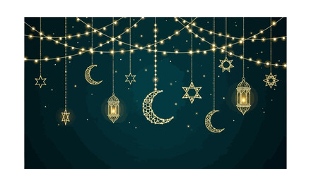 Festive Islamic decorations with crescent moons, stars, and lanterns illuminated by fairy lights against a dark teal background. © Selena