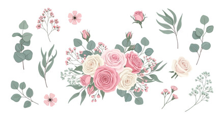 A beautiful arrangement of pink and white roses with eucalyptus leaves and small pink flowers, perfect for wedding invitations or floral designs. © Selena