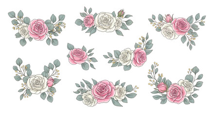 A collection of delicate floral arrangements featuring pink and white roses with eucalyptus leaves, perfect for decorative use. © Selena