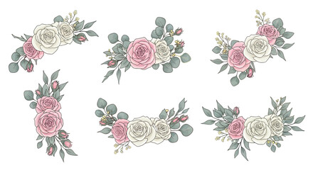 A collection of delicate floral arrangements featuring soft pink and cream roses with eucalyptus leaves, presented in a variety of elegant compositions. © Selena