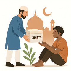 Muslim Man Giving Charity to a Poor Person in Front of Mosque Illustration