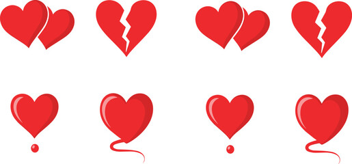 Collection of red heart and heartbreak vector symbols for valentine love emotions and romantic graphic projects
