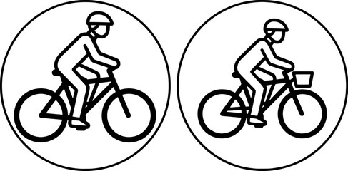 Fototapeta premium Cyclist icons set, man riding a bicycle with and without front basket, bike safety symbols with helmet, thin line art style, urban mobility and eco-friendly transportation concept.
