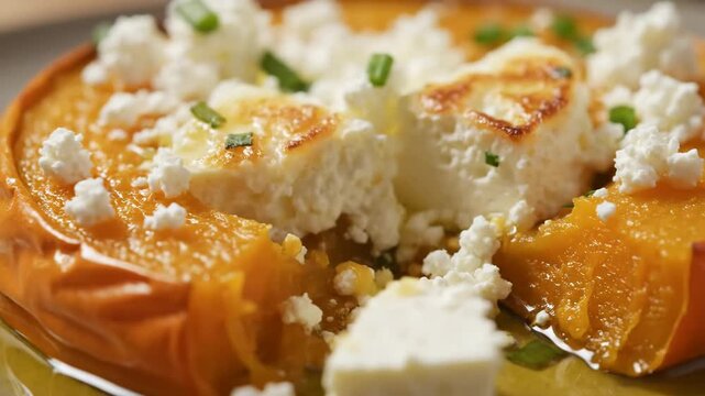 Roasted Butternut Squash or Pumpkin with Creamy Feta Cheese Topping, Drizzled with Olive Oil and Garnished with Fresh Chives in a Close-up Food Photography Shot