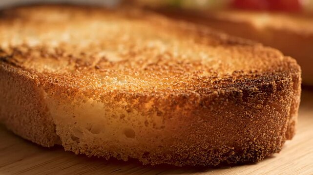 Macro Close-up of Crispy Golden Brown Toast Texture Resting on a Wooden Cutting Board, Showing Detailed Texture of the Roasted Bread Crust and Surface for Breakfast or Snack Concepts.