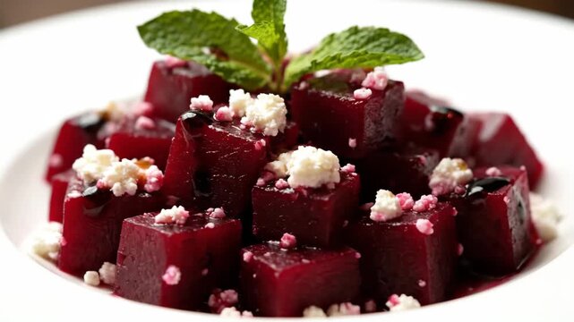 Close-up of Gourmet Diced Beetroot Salad Topped with Crumbled Feta Cheese and Fresh Mint on a White Plate, showcasing a healthy fine dining appetizer.