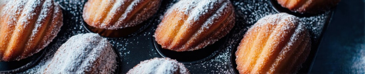 Classic homemade madeleine cakes sprinkled with powdered sugar in a dark baking mold for a bakery advertisement or food blog banner with copy space and moody lighting
