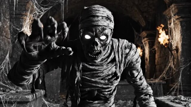 Eerie mummy emerges from dark tomb amidst cobwebs and torchlight