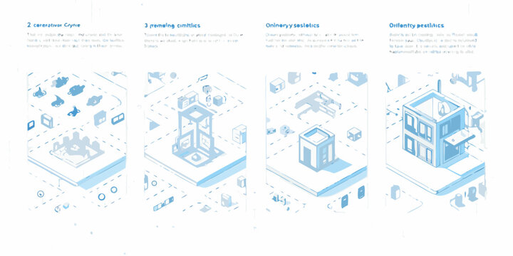 Isometric architectural illustrations depicting building designs and city planning concepts