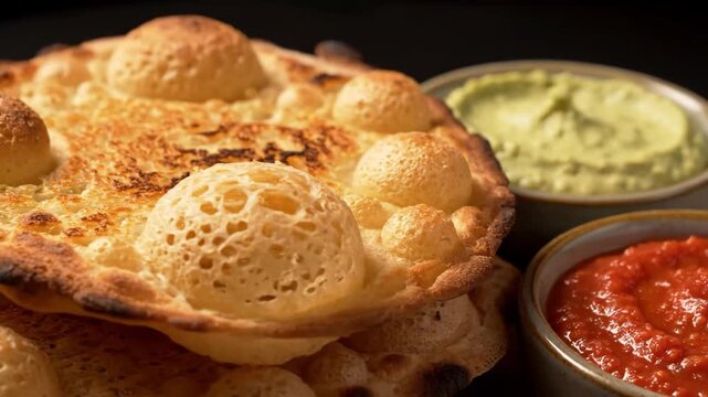 Appetizer close-up: Bubbly, golden cheese flatbread served with vibrant green guacamole and red salsa dips against a moody dark background.