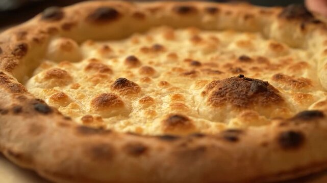 Close-up view of freshly baked traditional flatbread or pizza crust with bubbling, golden cheese topping and rustic charred edges, symbolizing authentic Italian or Mediterranean cuisine.