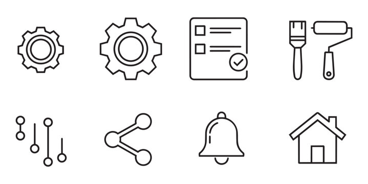 Black and white settings silhouette vector icons with gear, checklist, paint and home symbols