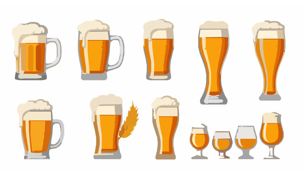 Different beer glasses and mugs isolated on white background flat vector illustration set
