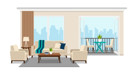 Fototapeta premium Modern living room with balcony and city skyline view