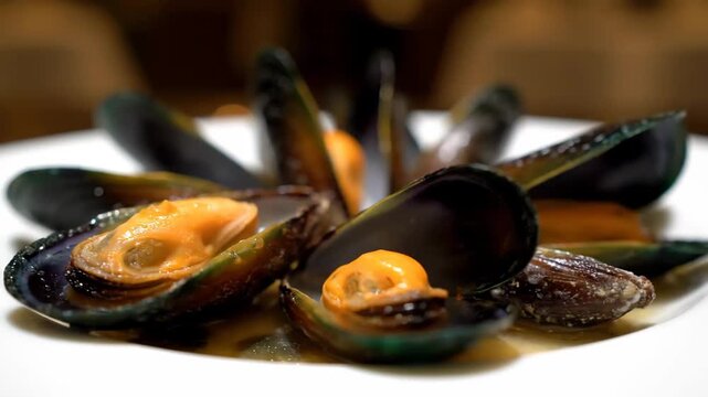 Close-up of Gourmet Cooked Mussels Served in Savory Broth on a White Plate, Highlighting Seafood Cuisine and Fine Dining Presentation