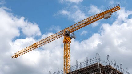 Naklejka premium A large yellow construction crane stands against a blue sky with clouds overlooking a building site with scaffolding
