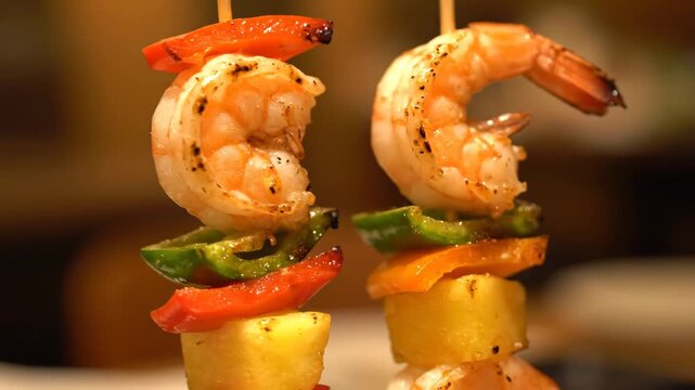 Delicious grilled shrimp kebabs with bell peppers and pineapple chunks served close-up, showcasing healthy, appetizing seafood cuisine.