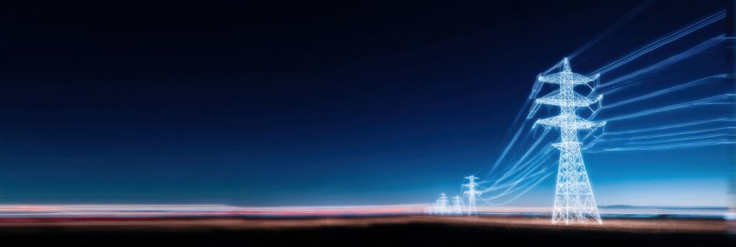 Electric pylons and transmission lines at night with glowing energy effects for infrastructure and power distribution concept in a wide landscape with copy space