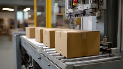 Automated packaging line with cardboard boxes moving on a conveyor belt in an industrial factory