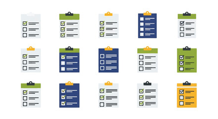 Variety of clipboards display checklists with different colored headers and checkmarks, representing task management and organization in a clean, modern style.